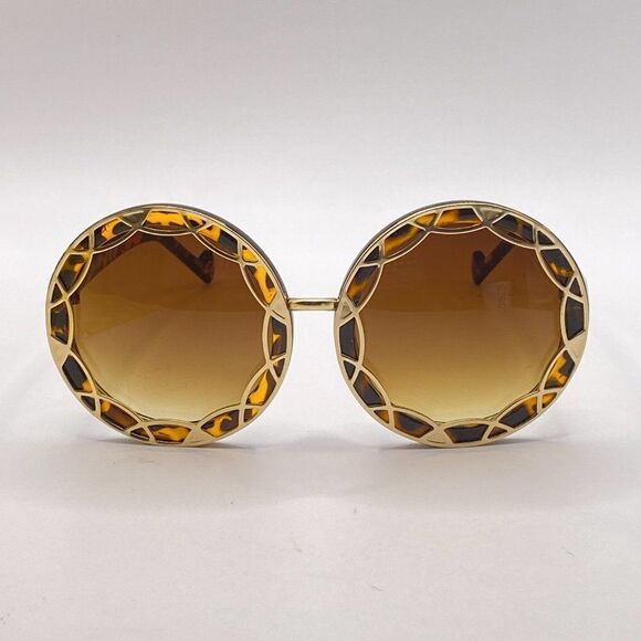 Round Oversized Gold Filigree and Tortoise Sunglasses Brown Lenses New - Picture 3 of 9
